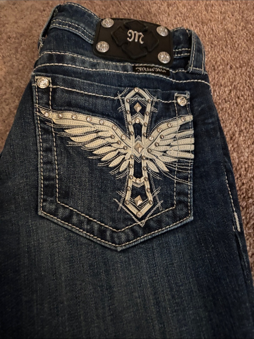 Miss Me Dark Denim Bootcut Jeans with Decorative Silver Buttons